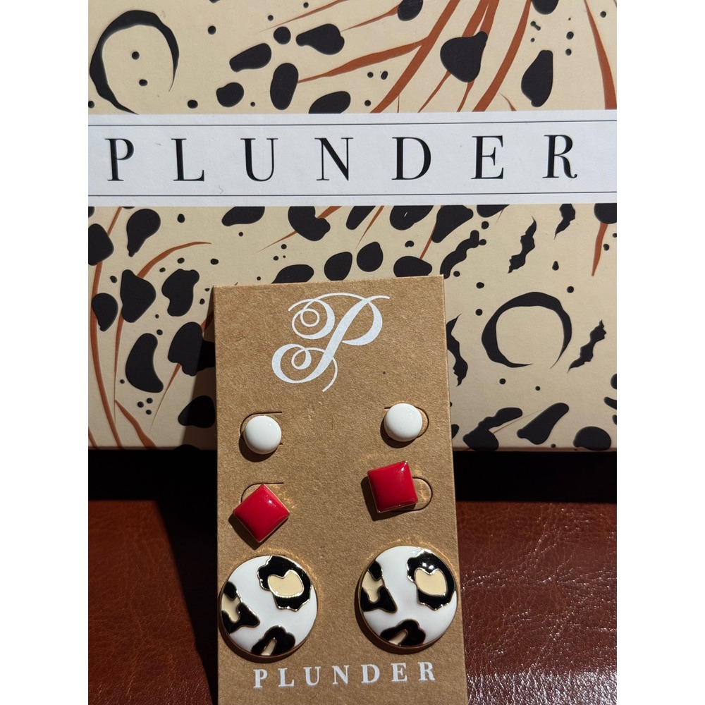 Plunder Design Earring Set 3 Pairs Studs Red White Leopard Print Gold Tone New